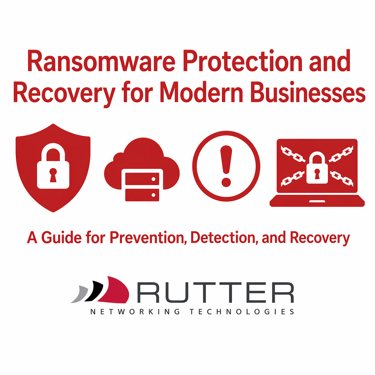 Ransomware protection and recovery guide for modern businesses by Rutter featuring security, cloud backup, alert, and secured laptop icons